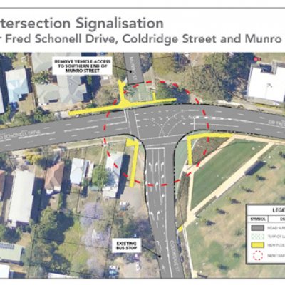 The roundabout at the intersection of Sir Fred Schonell Drive, Coldridge Street and Munro Street will be replaced with traffic lights and a tee-junction.